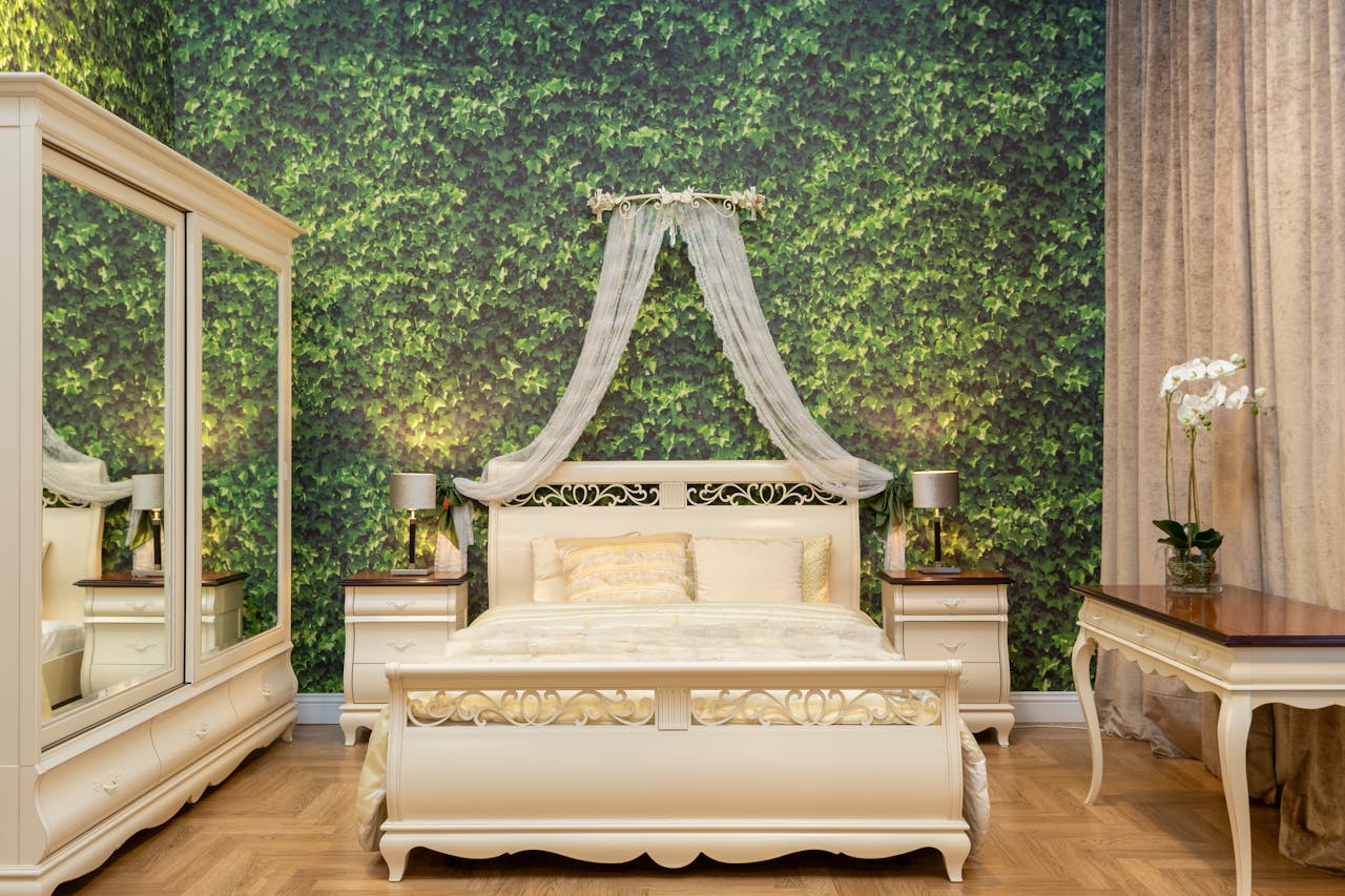 services-02 Luxury bedroom featuring elegant furniture and a nature-themed wall design, ideal for cozy interiors.